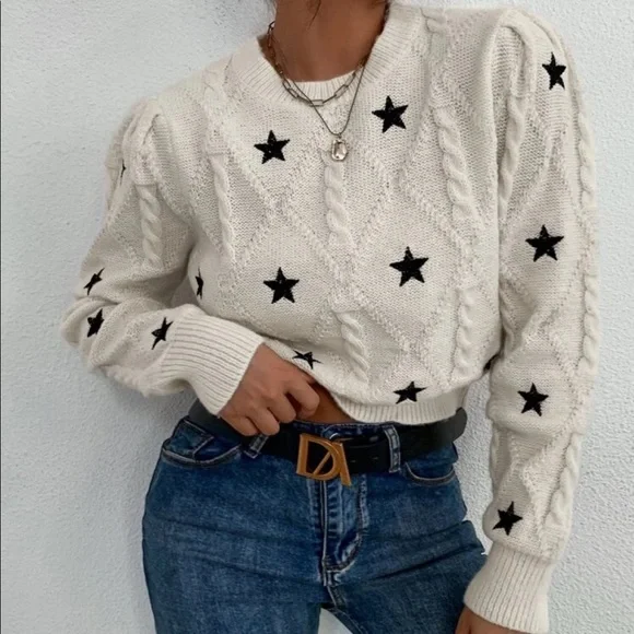 Star sweater cable knit womens cream white top long sleeve - Picture 3 of 6